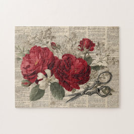 Puzzle Collage Botánico de Tijeras y Rosa Roja Vintage