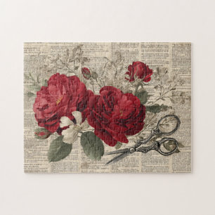 Puzzle Collage Botánico de Tijeras y Rosa Roja Vintage