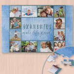 Puzzle Collage de fotos 12 Nietos de imágenes hacen que l<br><div class="desc">Rompecabezas fotográfico personalizado con encantadora cita de nietos y fondo azul cielo. La plantilla de fotos está lista para que añadas 12 de tus fotos favoritas que se muestran como una frontera alrededor de los abuelos diciendo. El texto dice "Los nietos hacen la vida grandiosa" en la tipografía de escritura...</div>