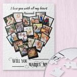Puzzle Collage de fotos cardíaco te quiere casarte conmig<br><div class="desc">Visera de collage de fotos en forma de corazón con 20 de tus fotos favoritas. ¿Te casas con mí? está escrito en una elegante caligrafía rápida y sus fotos se muestran en formato cuadrado sobre fondo de estilo de instantánea en un montaje de imagen con forma de corazón. También puedes...</div>