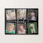 Puzzle Collage de fotos de corazones de guiones familiare<br><div class="desc">Este rompecabezas fotográfico es un regalo único para toda familia. Ofrece 6 marcos fotográficos para imágenes de niños y familiares y se acentúa con el texto "familia" que aparece como caligrafía cardíaca moderna.</div>