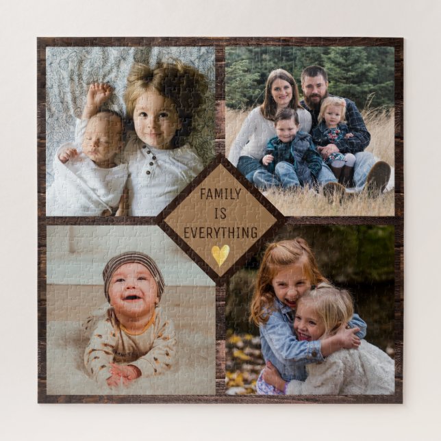 Puzzle Collage de fotos de familia Rustic Brown Wood 4 (Vertical)