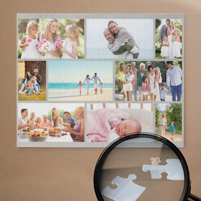 Puzzle Collage de fotos familiar Personalizado de la cuad (Grey jigsaw puzzle with 9 pictures in masonry grid photo collage by Darling & May)