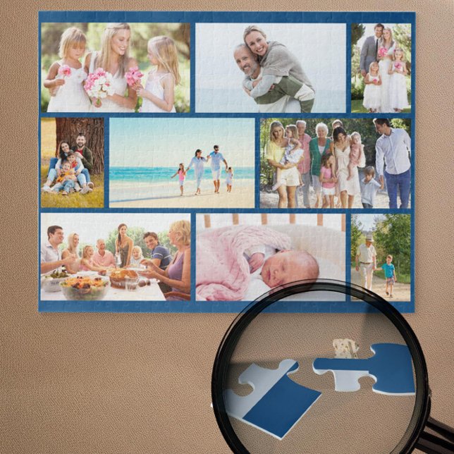 Puzzle Collage de fotos familiar Personalizado de la reji (Blue jigsaw puzzle with 9 pictures in masonry grid photo collage by Darling & May)