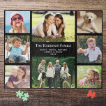 Puzzle Collage de fotos familiar personalizado negro<br><div class="desc">Un divertido collage de fotos rompe rompecabezas que tu familia valorará y disfrutará durante años. Puedes personalizar con ocho fotos familiares,  tu apellido y tus nombres y el año u otro texto personalizado en blanco contra un fondo negro.</div>