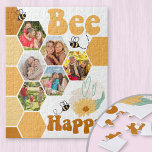 Puzzle Collage de fotos Honeycomb Bee Happy Kids<br><div class="desc">Rompecabezas de fotos personalizados divertidas y alegres para los niños. La plantilla de fotos está configurada para que añadas 6 de tus fotos favoritas que automáticamente formarán parte del patrón de la pepita. El bonito diseño presenta abejas con burbujas, flores, corazones de amor y letras retro para el dicho "abeja...</div>
