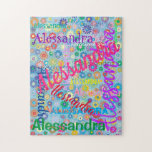 Puzzle Collage de nombre floral de color crudo<br><div class="desc">Este rompecabezas divertido es perfecto para días cuando estás atrapado dentro. El diseño ondulado presenta flores coloridas sobre un fondo azul con su nombre en una variedad de tipos de letra y tamaños esparcidos en diferentes tamaños y direcciones.</div>