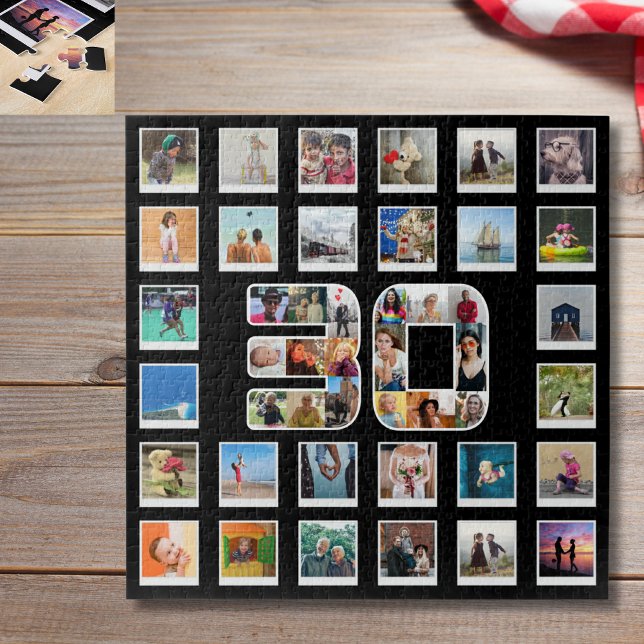 Puzzle Collage de Recuerdos fotográficos de la familia de (30th birthday jigsaw puzzle on wood plank table top)