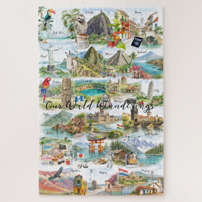 Puzzle Collage de viaje con aquarela Wanderlust (Vertical)