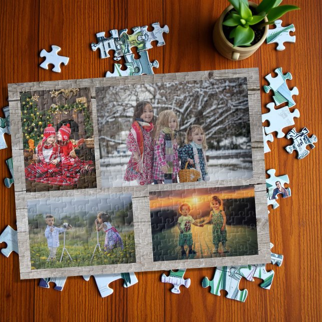 Puzzle Collage familiar de 4 fotos en madera rústica (Family collage 4 photos on rustic wood jigsaw puzzle. Very unique family puzzle, great fun !)