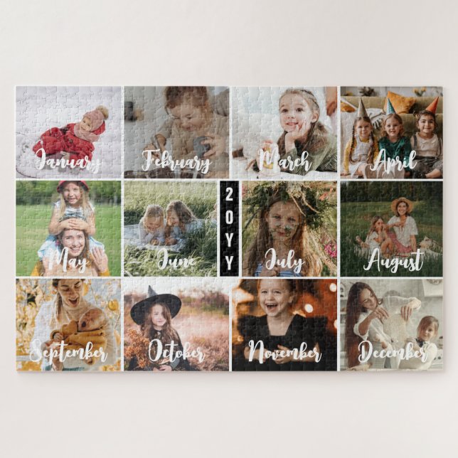 Puzzle Collage negro de 12 meses fotográficos y año (Horizontal)