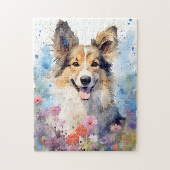 Puzzle Collie colorida pintura acuática (Vertical)