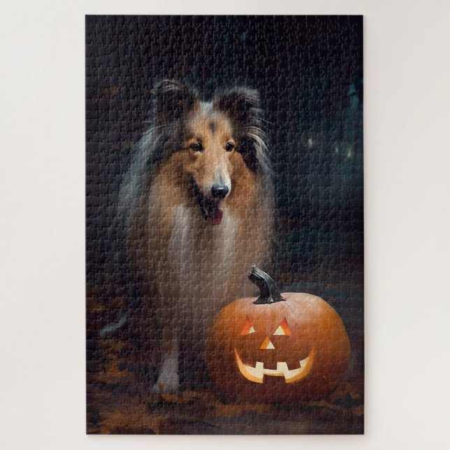 Puzzle Collie en masa de Halloween con calabazas aterrado (Vertical)