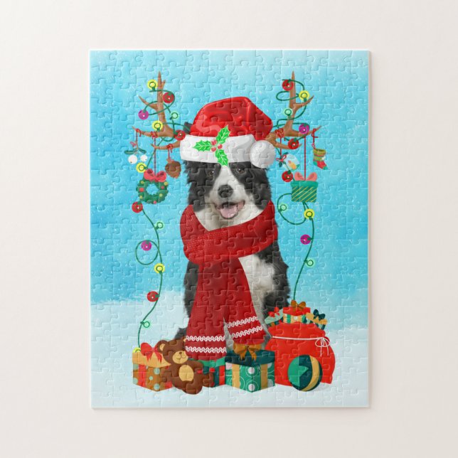 Puzzle Collie fronterizo en la nieve con regalos de Navid (Vertical)
