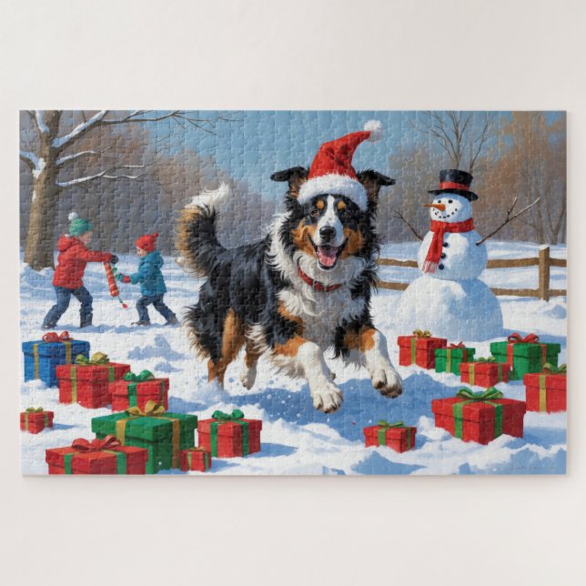Puzzle Collie rudo en nieve con Gorra Navidad (Horizontal)