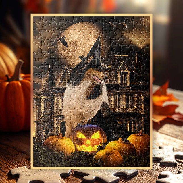 Puzzle Collie Sorcerer y calabazas tricolor, Halloween - (Preview shows 11x14" Puzzle. Looks perfect on all vertical or square sizes. )
