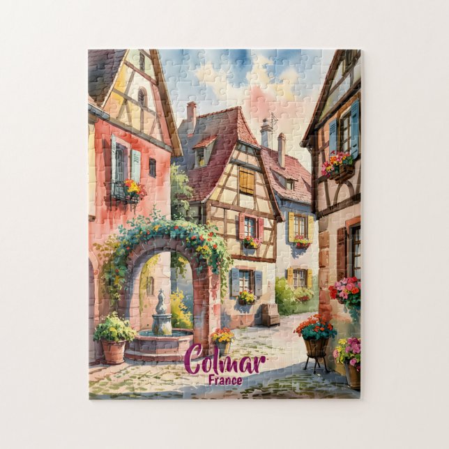 Puzzle Colmar France Alsace Watercolor Travel Custom Text (Vertical)
