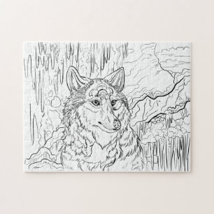 Puzzle Coloca tu propio Wolf Cavern Line Art