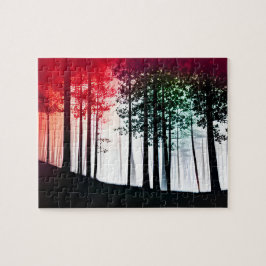 Puzzle Color rojo invade el bosque negro de siluetas