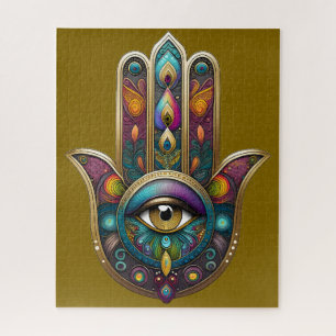 Puzzle Colores de Pavo Real Hamsa con Tercer Ojo de Oro
