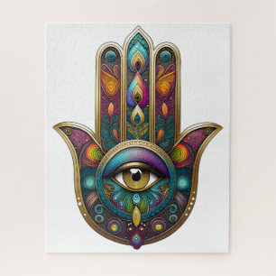 Puzzle Colores de Pavo Real Hamsa con Tercer Ojo Dorado