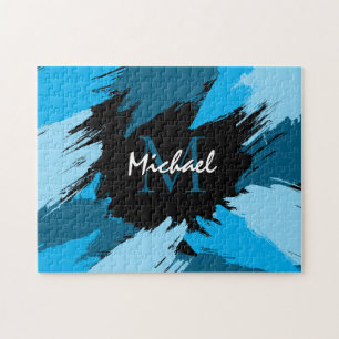 Puzzle Colores de pincel de nombre azul con monograma