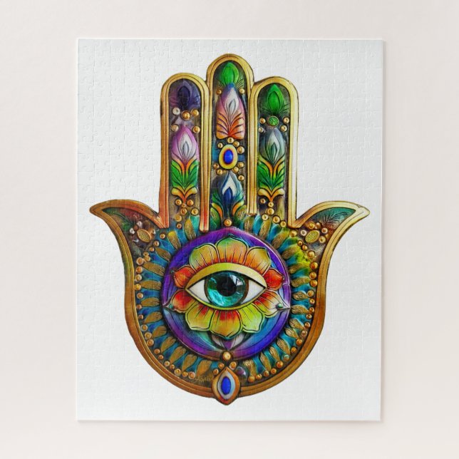 Puzzle Colorful Flower Petals Turquoise Third Eye Hamsa (Vertical)