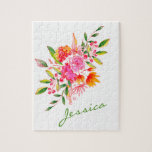 Puzzle Colorida acuarela rosa Floral Arte personalizado<br><div class="desc">Este hermoso rompecabezas tiene un colorido ramo floral color rosa y naranja acuático. Personalízalo con tu nombre en una tipografía de escritura elegante. Gran idea de regalo.</div>