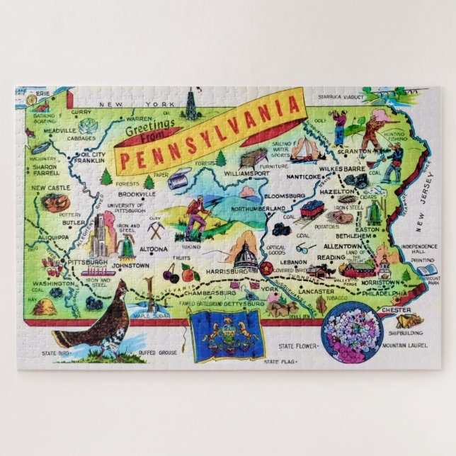 Puzzle Colorido mapa de postales de Pennsylvania 20x30 (Horizontal)