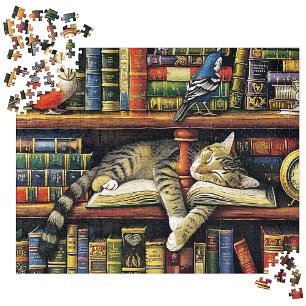 Puzzle Cómoda escena de gato de biblioteca realista multi