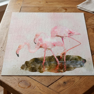 Puzzle Compañerismo de Flamencos Rosas en Arte de Acuarel