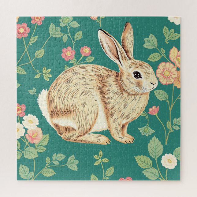 Puzzle Conejito Lindo Patrón Floral Teal (Vertical)