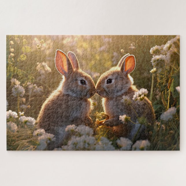 Puzzle Conejitos Adorables en Diseño de Prado de Primaver (Horizontal)