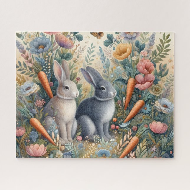 Puzzle Conejitos grises lindos con zanahorias (Horizontal)