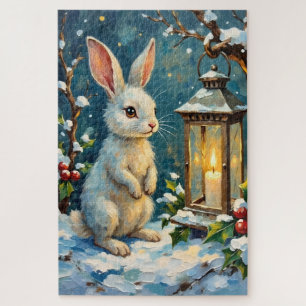 Puzzle Conejo Blanco Vintage con Linterna de Navidad