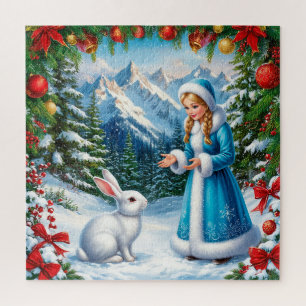 Puzzle Conejo Blanco y Doncella de Nieve en Bosque Invern