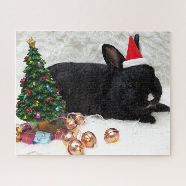Puzzle Conejo conejo conejo conejo navidad en Santa Hat (Horizontal)