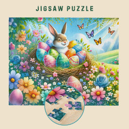 Puzzle Conejo de Pascua con Huevos en Jardín de Flores -