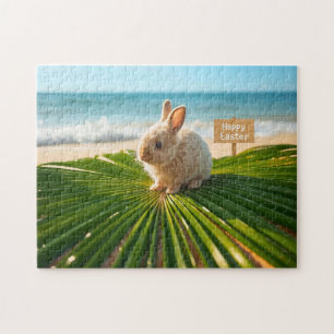 Puzzle Conejo de Pascua feliz en rama de palma en la play