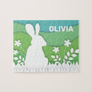 Puzzle conejo de pascua, flores y mariposa personalizado