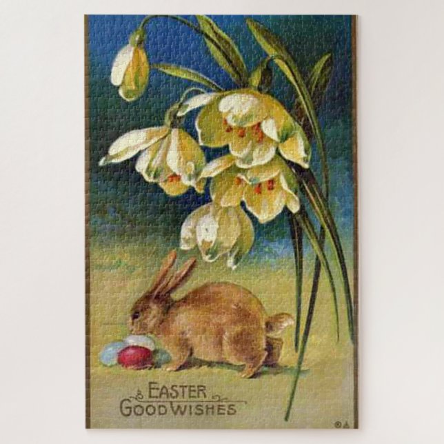 Puzzle Conejo de Pascua, huevos y gotas de nieve, cosecha (Vertical)