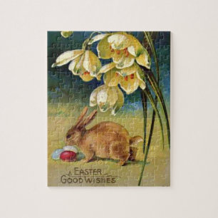 Puzzle Conejo, huevos y gotas de nieve, cosecha de 1910