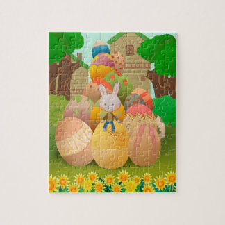 Puzzle Conejo sentado sobre huevos de Pascua gigantes