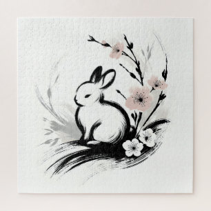 Puzzle Conejo Zen Minimalista de Primavera Flor de Cerezo
