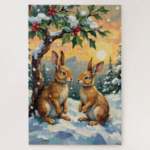 Puzzle Conejos Vintage Bajo el Árbol de Acebo Navidad