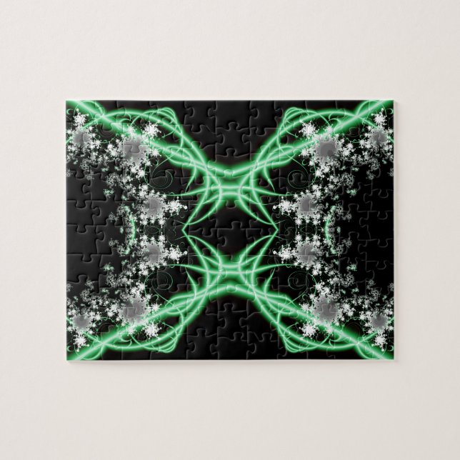 Puzzle Confusión | Arte fractal verde y blanco (Horizontal)