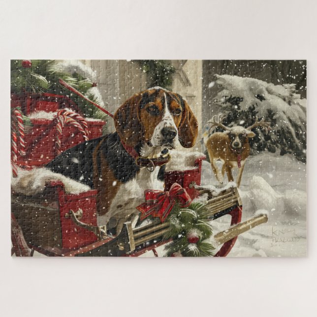 Puzzle Coonhound Walker Treeing Perro Navideño Festivo (Horizontal)
