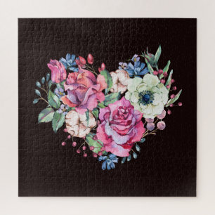 Puzzle Corazón acuarela floral: rosas vintage.