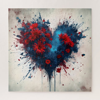 Puzzle Corazón azul en llamas con flores rojas