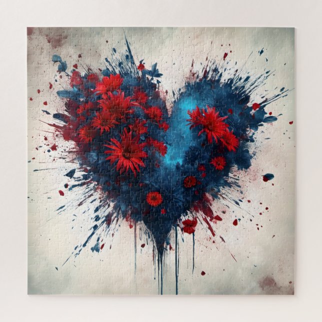 Puzzle Corazón azul en llamas con flores rojas (Vertical)